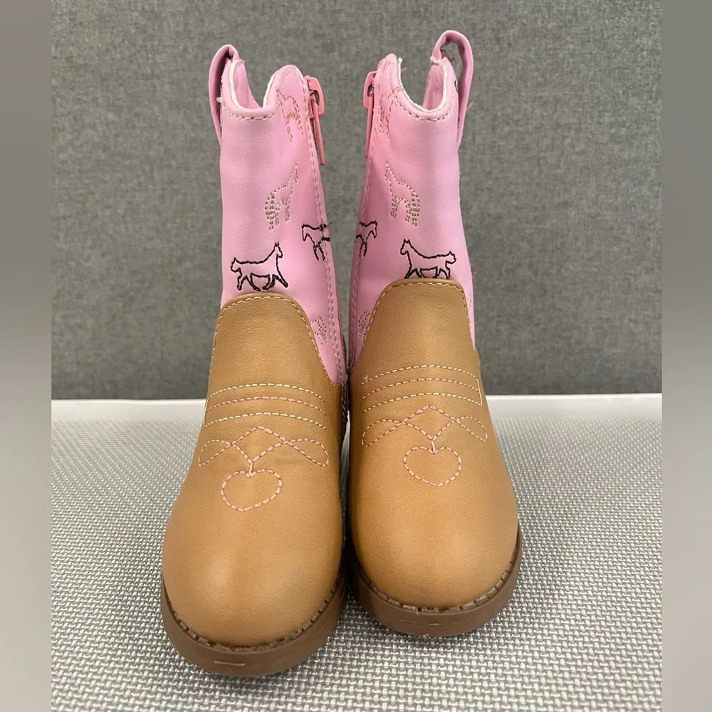 Kids Pink & Tan Western Cowboy Boots - Cute Horse Print